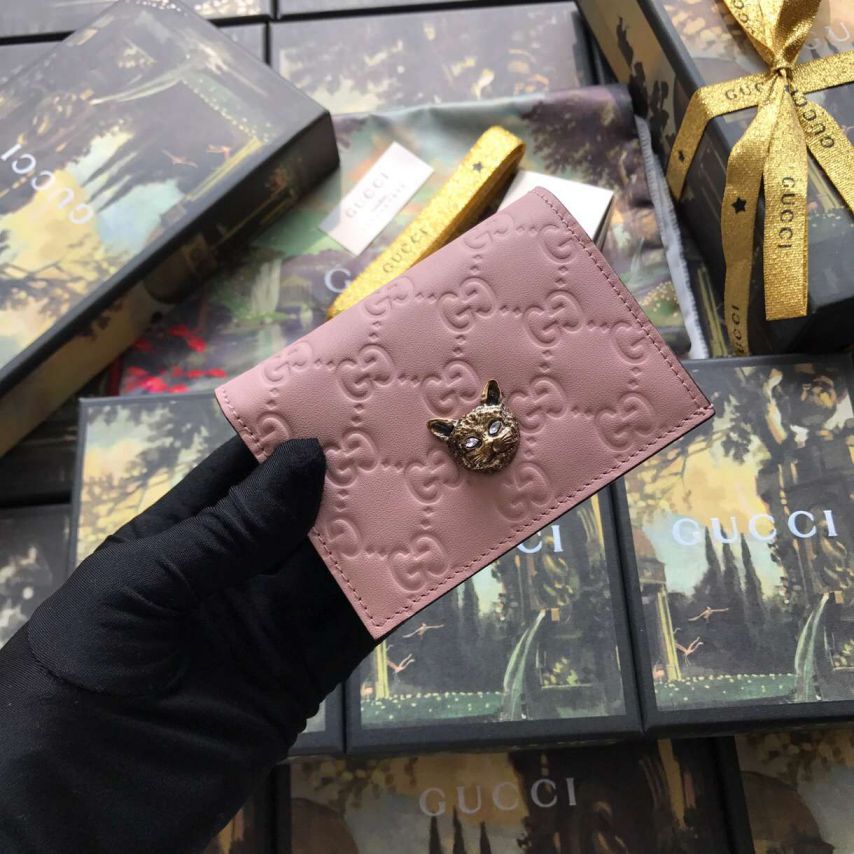 GG Signature Cat Head 548057 Pink Leather Women Card Holder